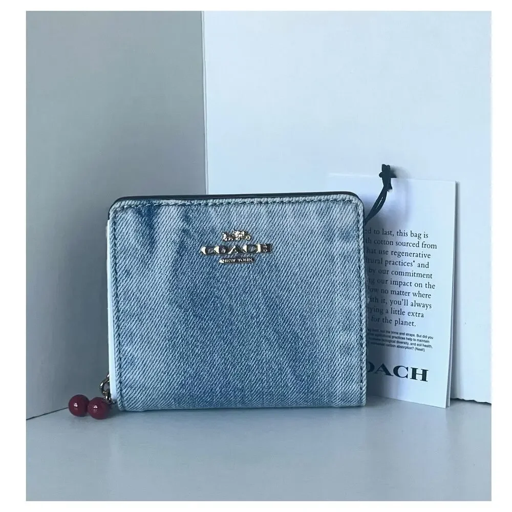 Coach Snap Wallet CEC35 Loved Denim Light Indigo Cherry Charm
